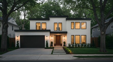 A modern twostory house stands prominently in the evening light with a wellmanicured lawn and treelined street