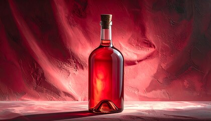 Red wine bottle against a textured crimson backdrop