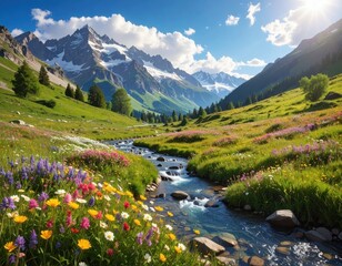 A vibrant meadow, lush with wildflowers, borders a babbling brook winding through a sun-drenched valley nestled amongst snow-capped mountains.