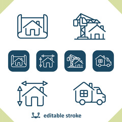 Construction Icons. Blueprint, Moving Truck, Architecture, Construction Crane, House Icon