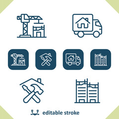 Construction Icons. Construction Crane, Moving Truck, Tools, House, Building Icon
