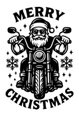 Cool Santa Claus riding motorcycle with peace sign and sunglasses, black and white holiday biker vector
