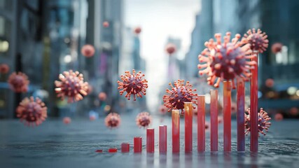 Global economic decline due to coronavirus pandemic represented by increasing bars and floating virus particles in a city setting - Powered by Adobe