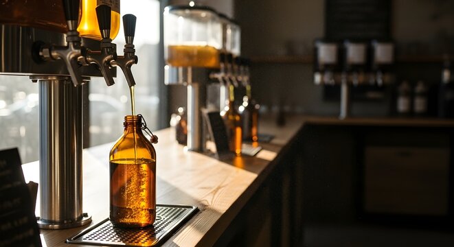 Amber beer being poured from a tap into a brown glass bottle in a modern bar, capturing the essence of craft brewing and refreshment.