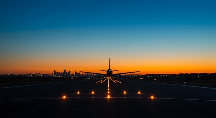Fototapeta premium Airplane on runway lit by orangeyellow lights facing viewer at dawndusk Skyline visible in background