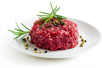 Flawless served fresh beef tartar on white background, generated AI