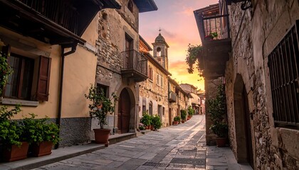 Obraz premium Quaint European town street at sunset