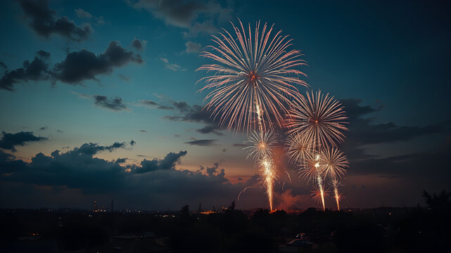 A beautiful fireworks display exploding in the twilight sky over a city silhouette during a holiday celebration.