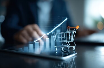 Businessperson interacting with a digital tablet displaying a shopping cart and graphs