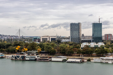 Obraz premium View of Novi Beograd (New Belgrade) neighborhood over Sava river in Belgrade, Serbia