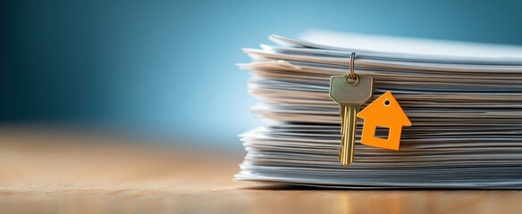 The house key on a stack of real estate documents and mortgage papers