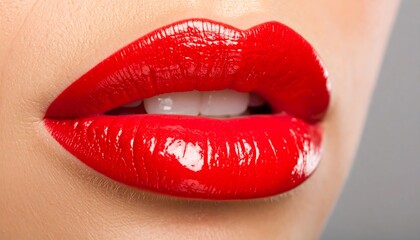 Obraz premium Close-up view of luscious, glossy red lips, showcasing a vibrant hue and a smooth texture.