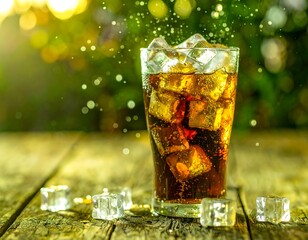 Refreshing soda glass with ice in a garden setting