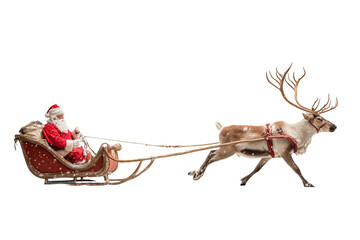 A Christmas reindeer pulling Santa’s sleigh, isolated on a transparent background.