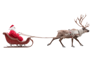 A Christmas reindeer pulling Santa’s sleigh, isolated on a transparent background.