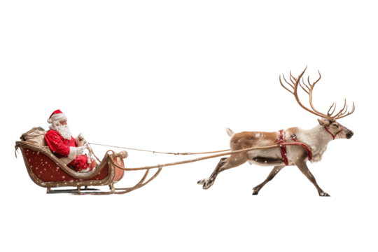 A Christmas reindeer pulling Santa’s sleigh, isolated on a transparent background.
