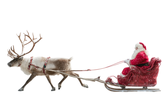 A Christmas reindeer pulling Santa’s sleigh, isolated on a transparent background. - Powered by Adobe