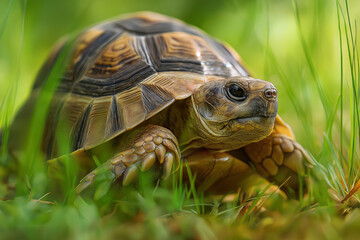 Hermanns tortoise walking in green grass. Suitable for wildlife, pet care, nature conservation, and educational material about tortoises.