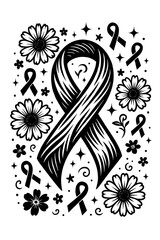Breast cancer awareness ribbon with floral elements black and white vector design for health and support
