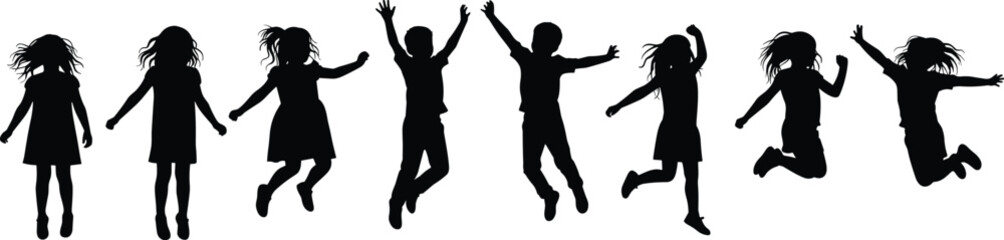 Children in silhouette jumping and playing with excitement and energy Keywords: children, silhouette, jumping, playing