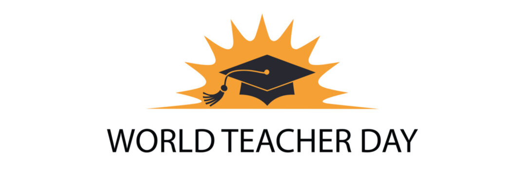 world teacher day illustration with black graduation cap and orange sunburst background celebrating global appreciation for educators - Powered by Adobe