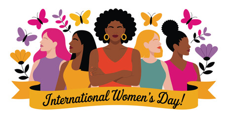 international women’s day illustration with diverse women, flowers, butterflies, and ribbon celebrating unity, empowerment, and equality