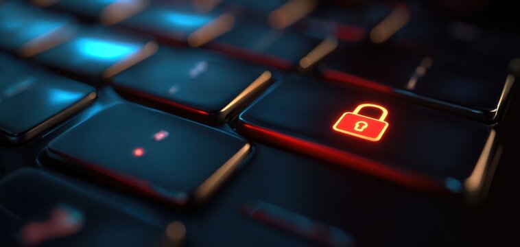 The glowing lock key on a backlit keyboard symbolizing digital security and privacy protection