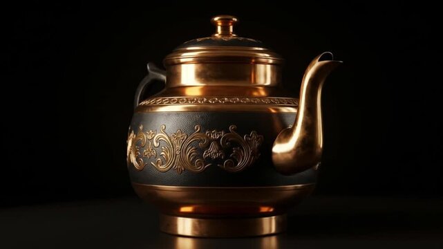 Rotating antique teapot on dark background