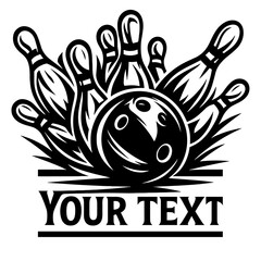 Bowling ball and pins vector design with customizable text area black and white artwork
