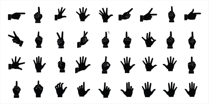 Diverse collection of black hand gesture silhouettes on a white background Keywords: hand, gesture, silhouette, finger, pointing