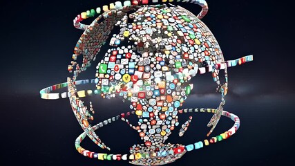 Colorful globe made of various social media icons, rotating in a dark space, symbolizing connectivity - Powered by Adobe
