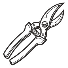 Black and white illustration of garden pruning shears with a spring mechanism and ergonomic handles