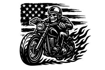 Biker riding motorcycle with American flag background patriotic black and white vector art
