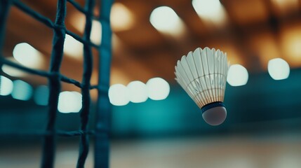 Badminton shuttlecock in sharp focus while it hovers just above the net with a blurred background of an indoor court creating a sense of anticipation and competition
