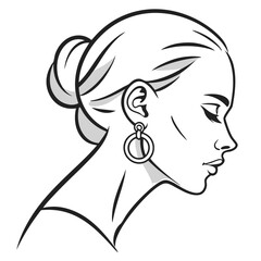Elegant woman profile portrait with hoop earring and classic updo hairstyle in black and white