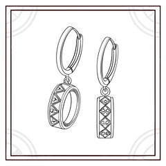 Elegant line art illustration of two dangling hoop earrings with intricate geometric patterns