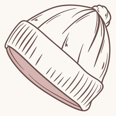 Hand drawn sketch of a knitted beanie hat with a pom pom and folded brim in a simple style