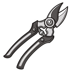 Illustration of a pair of sharp metal pruning shears with dark gray handles and silver blades on a white background