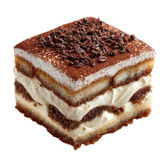 Square slice of layered cake, light creamy frosting, and dark chocolate sprinkles