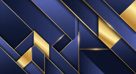 A dynamic and luxurious abstract background with a composition of bold, overlapping geometric shapes in rich navy blue and shimmering gold