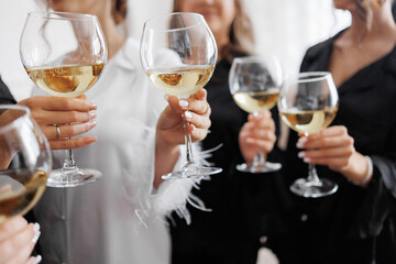 Friends celebrate with glasses of white wine during a gathering in a bright indoor setting