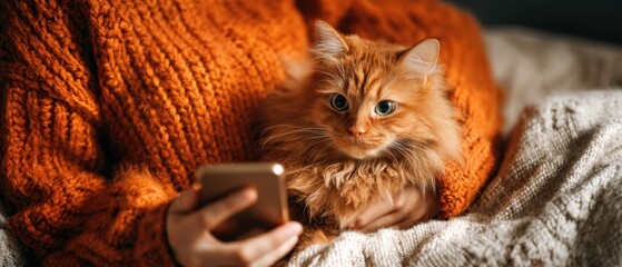 The cat nestled on a knitted blanket while owner scrolls a smartphone nearby