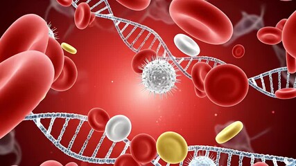 Blood cells including red white and platelets entangled with DNA strands on a red gradient backdrop - Powered by Adobe