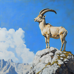 Ibex standing confidently on a rocky mountain ledge with blue sky.Ibex standing confidently on a rocky mountain ledge with blue sky.