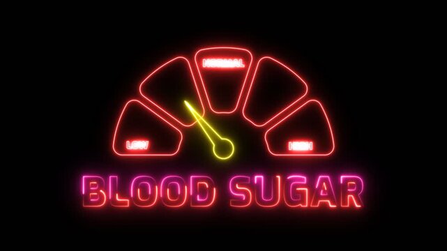 Animated neon glow blood sugar level meter transitioning from normal to critical, ideal for illustrating diabetes, hyperglycemia, and glucose management