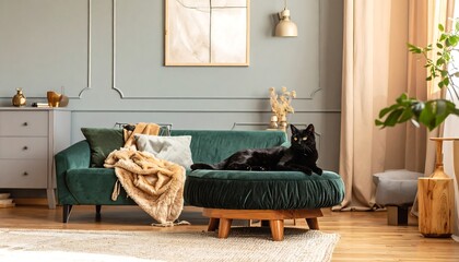 Obraz premium A stylish living room boasts a deep teal velvet sectional sofa, a black cat lounging comfortably, and warm beige accents.