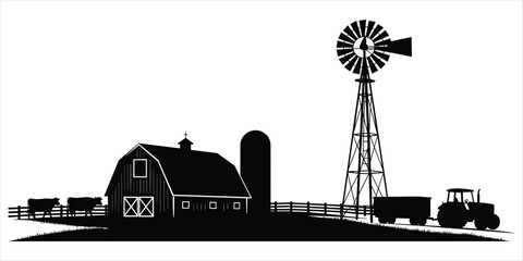Rural Farm Scene Silhouette with Barn, Silo, Windmill, Tractor, and Cows vector illustration © rayhan039