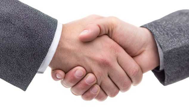 Close-up handshake of two people in gray suits