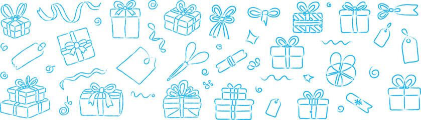 Hand Drawn Vintage Festive Holiday Gift Wrapping Illustration with Boxes Ribbons Bows Tags Scissors