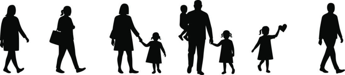 Silhouettes of a family with children and a single person walking on white vector illustration